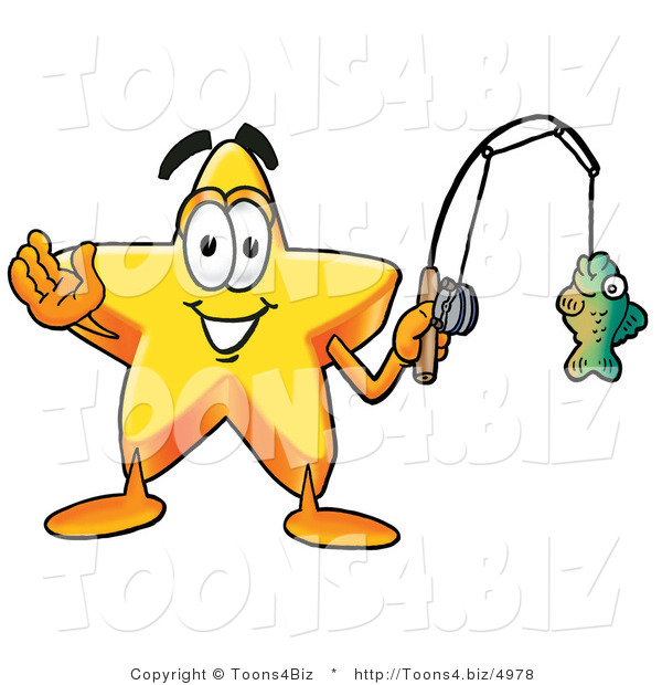 Illustration of a Cartoon Star Mascot Holding a Fish on a Fishing Pole