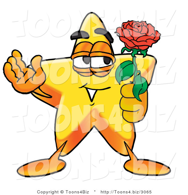 Illustration of a Cartoon Star Mascot Holding a Red Rose on Valentines Day