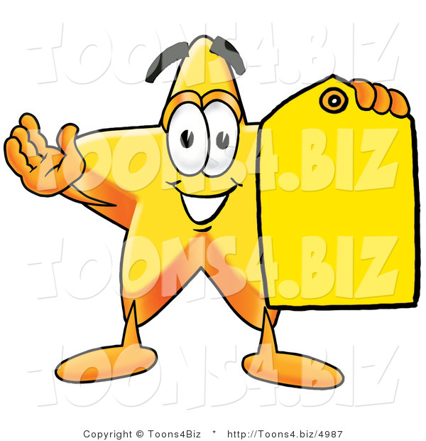 Illustration of a Cartoon Star Mascot Holding a Yellow Sales Price Tag