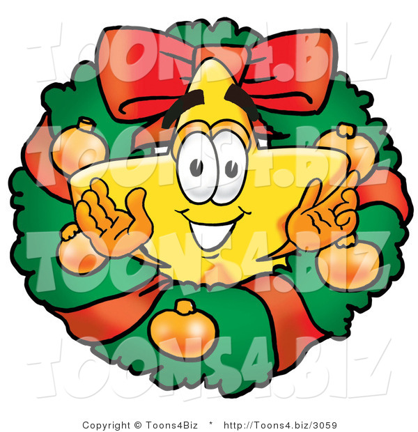 Illustration of a Cartoon Star Mascot in the Center of a Christmas Wreath
