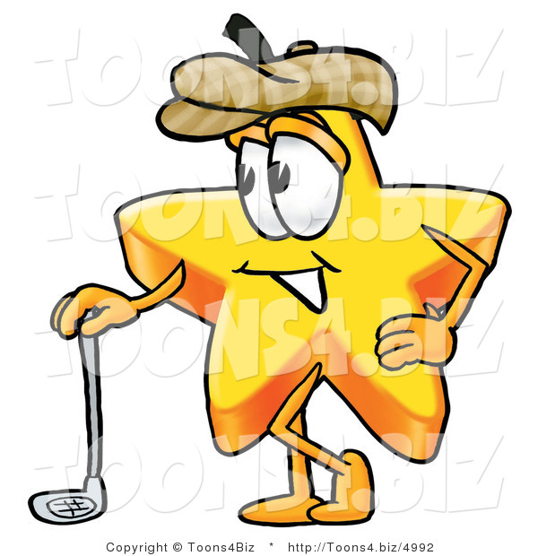 Illustration of a Cartoon Star Mascot Leaning on a Golf Club While Golfing