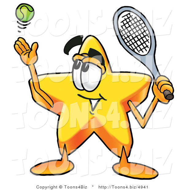 Illustration of a Cartoon Star Mascot Preparing to Hit a Tennis Ball
