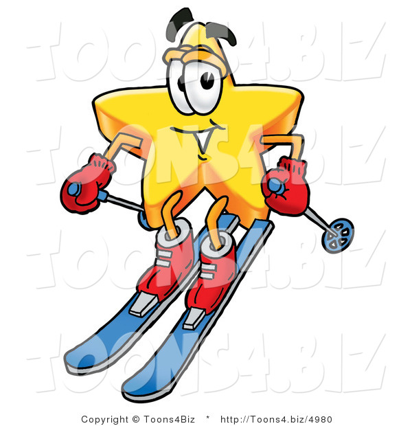 Illustration of a Cartoon Star Mascot Skiing Downhill