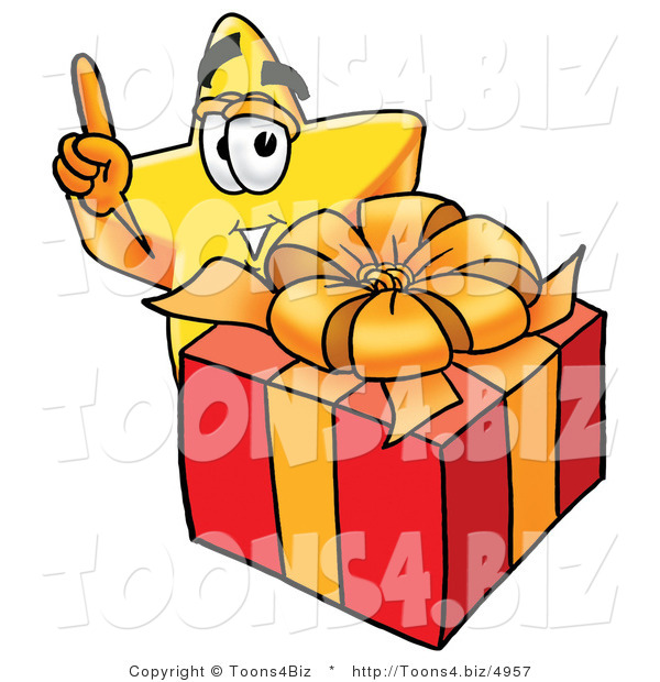 Illustration of a Cartoon Star Mascot Standing by a Christmas Present