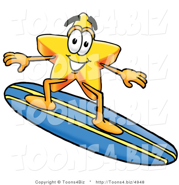 Illustration of a Cartoon Star Mascot Surfing on a Blue and Yellow Surfboard