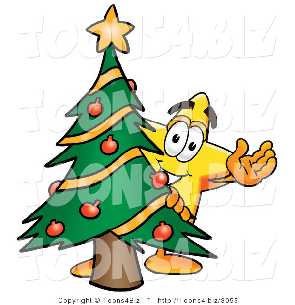 Illustration of a Cartoon Star Mascot Waving and Standing by a Decorated Christmas Tree
