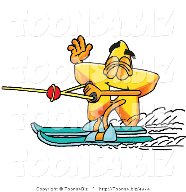 Illustration of a Cartoon Star Mascot Waving While Water Skiing