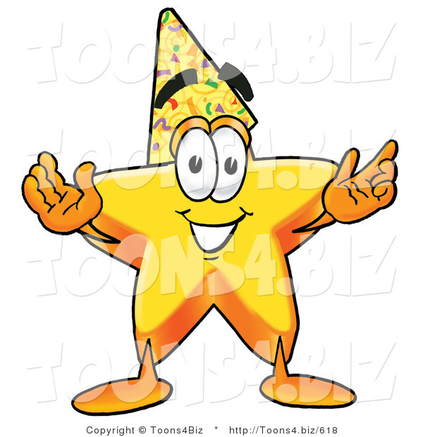 Illustration of a Cartoon Star Mascot Wearing a Birthday Party Hat