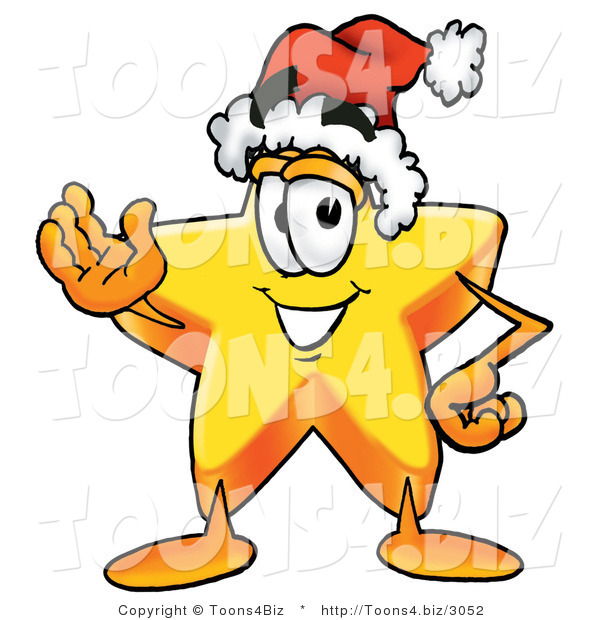 Illustration of a Cartoon Star Mascot Wearing a Santa Hat and Waving