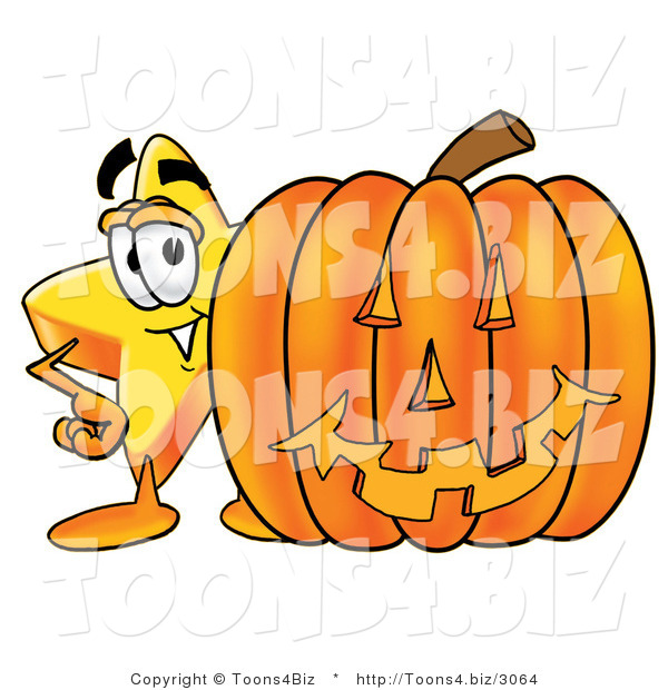 Illustration of a Cartoon Star Mascot with a Carved Halloween Pumpkin