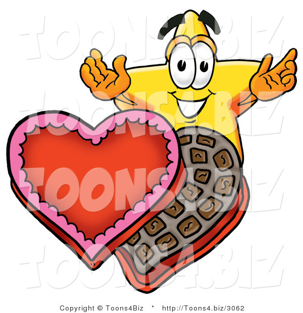 Illustration of a Cartoon Star Mascot with an Open Box of Valentines Day Chocolate Candies