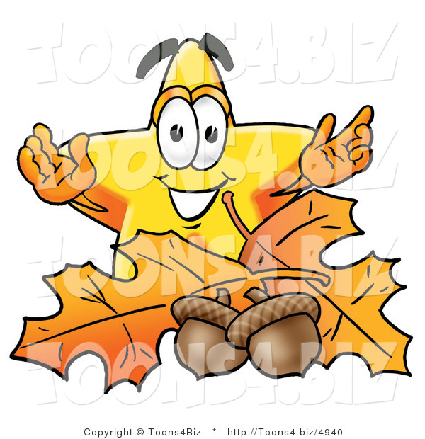 Illustration of a Cartoon Star Mascot with Autumn Leaves and Acorns in the Fall
