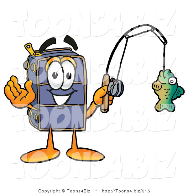 Illustration of a Cartoon Suitcase Mascot Holding a Fish on a Fishing Pole