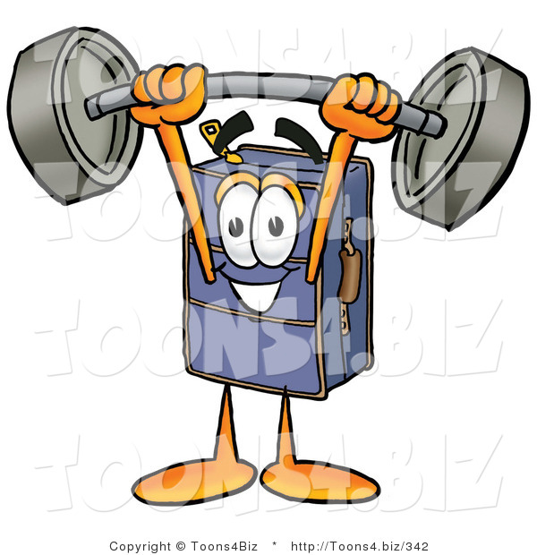 Illustration of a Cartoon Suitcase Mascot Holding a Heavy Barbell Above His Head