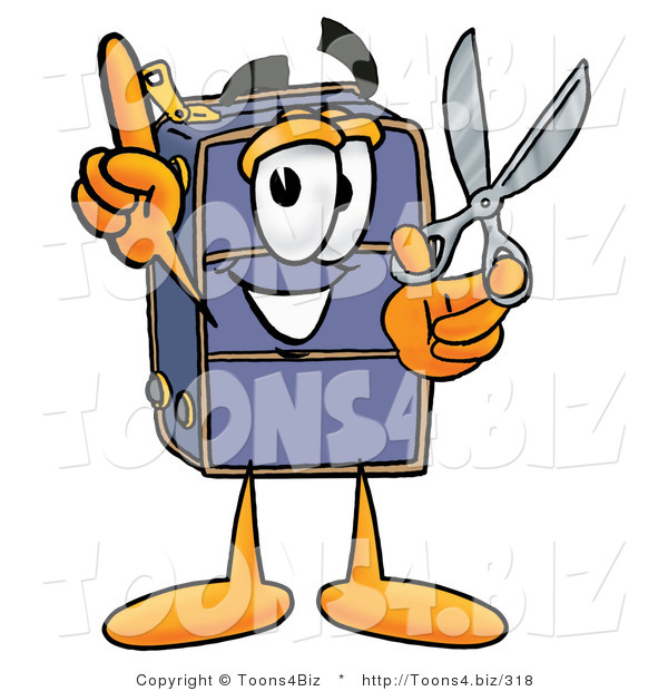 Illustration of a Cartoon Suitcase Mascot Holding a Pair of Scissors