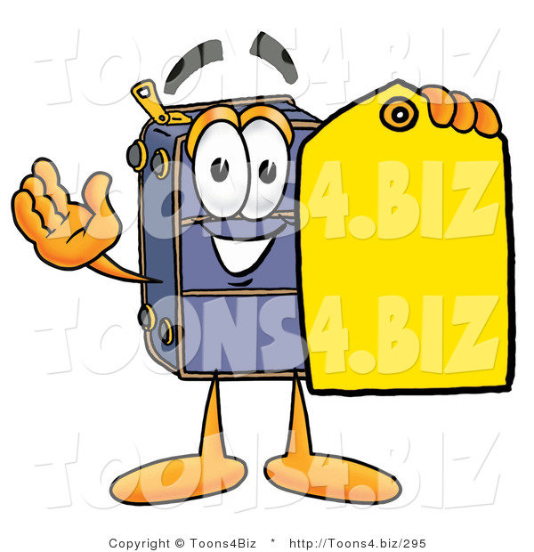 Illustration of a Cartoon Suitcase Mascot Holding a Yellow Sales Price Tag