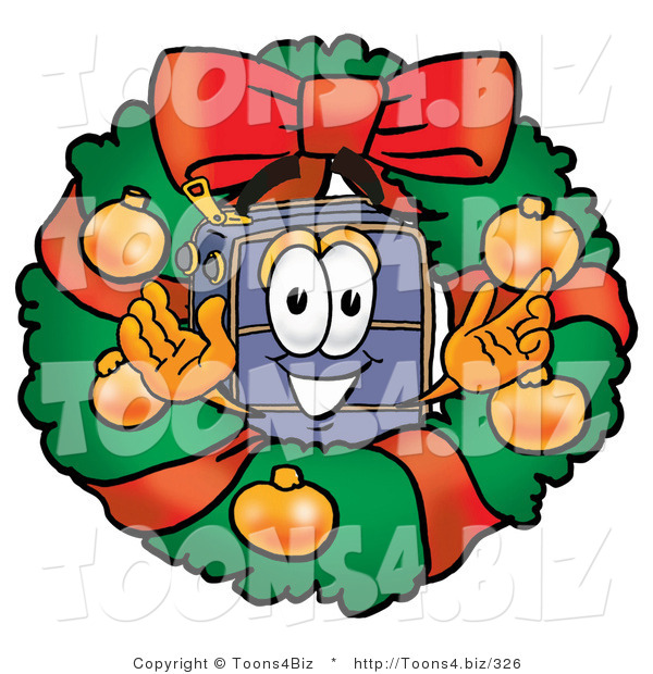 Illustration of a Cartoon Suitcase Mascot in the Center of a Christmas Wreath