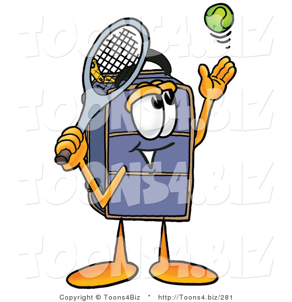 Illustration of a Cartoon Suitcase Mascot Preparing to Hit a Tennis Ball