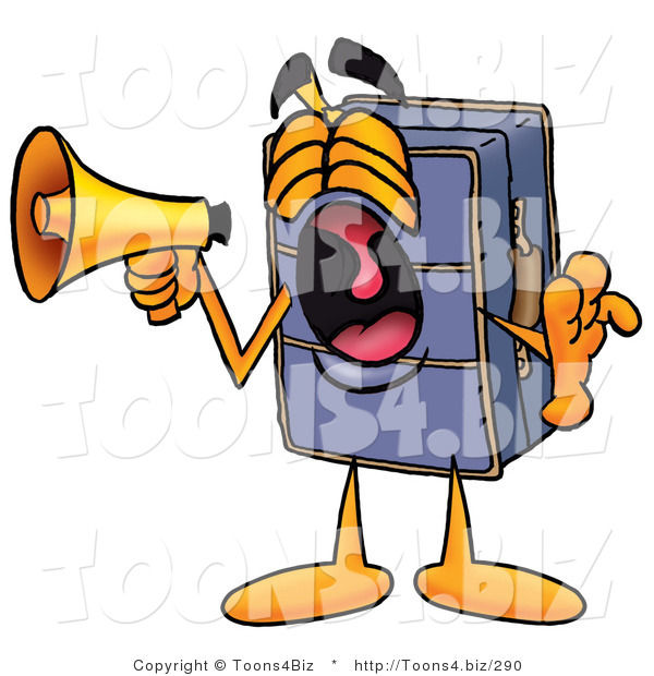 Illustration of a Cartoon Suitcase Mascot Screaming into a Megaphone