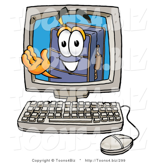 Illustration of a Cartoon Suitcase Mascot Waving from Inside a Computer Screen