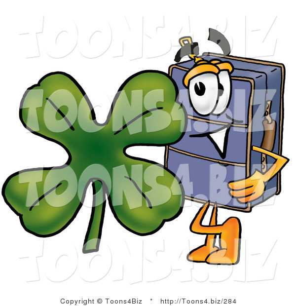 Illustration of a Cartoon Suitcase Mascot with a Green Four Leaf Clover on St Paddy's or St Patricks Day
