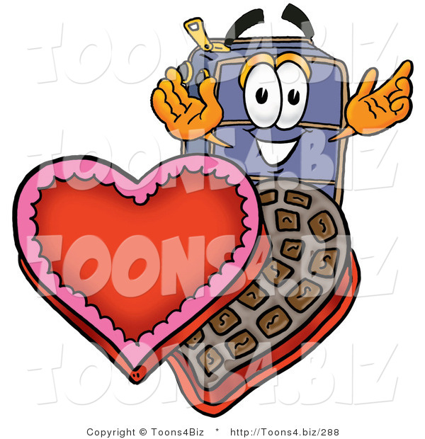 Illustration of a Cartoon Suitcase Mascot with an Open Box of Valentines Day Chocolate Candies