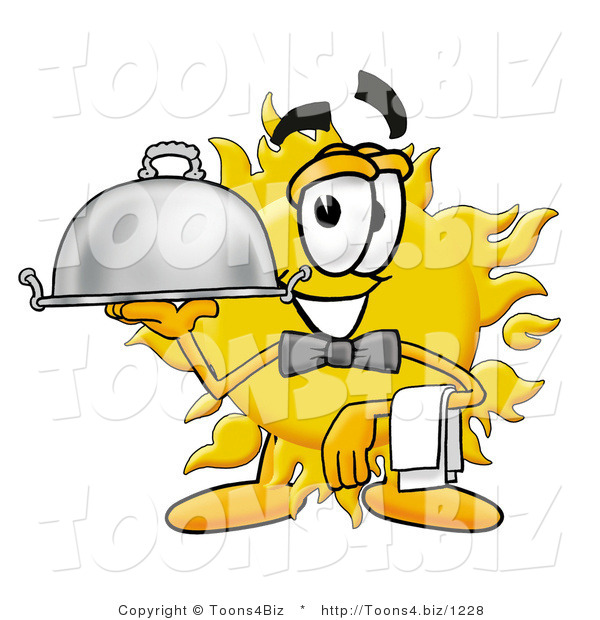 Illustration of a Cartoon Sun Mascot Dressed As a Waiter and Holding a Serving Platter