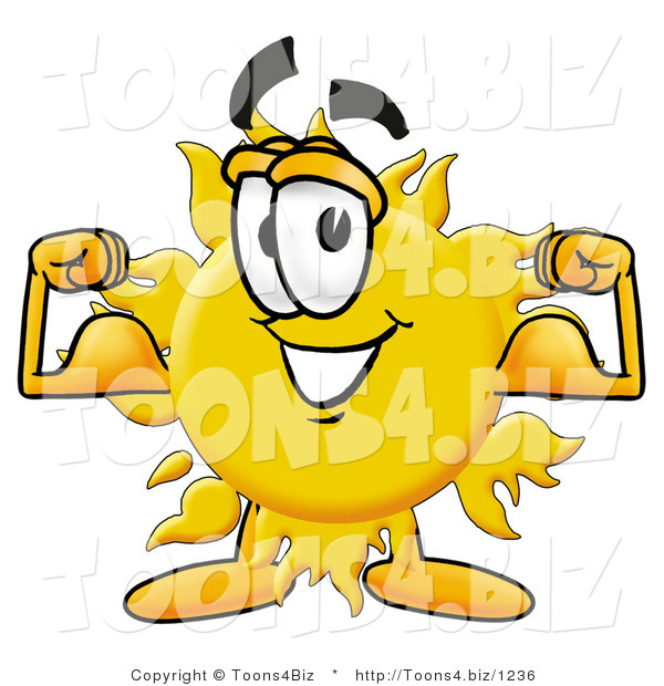 Illustration of a Cartoon Sun Mascot Flexing His Arm Muscles