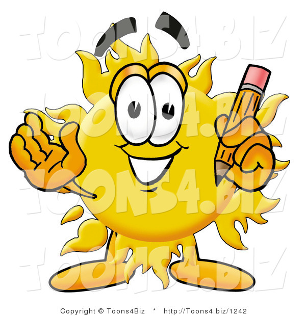 Illustration of a Cartoon Sun Mascot Holding a Pencil