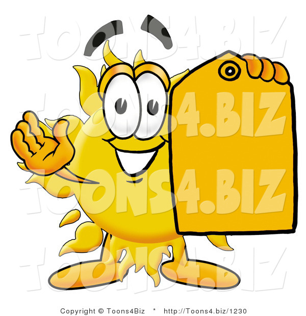 Illustration of a Cartoon Sun Mascot Holding a Yellow Sales Price Tag
