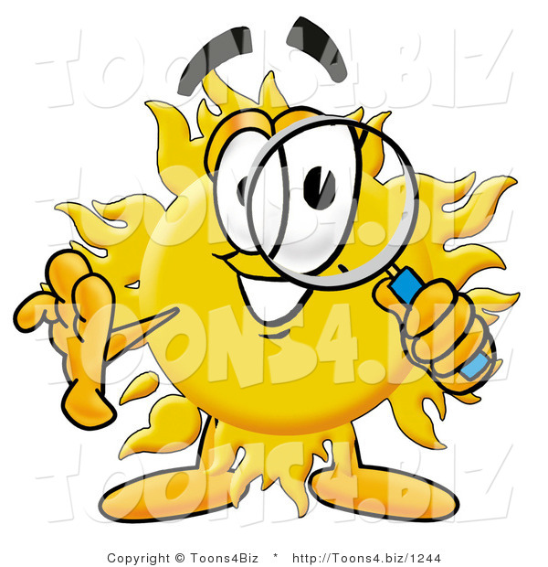Illustration of a Cartoon Sun Mascot Looking Through a Magnifying Glass