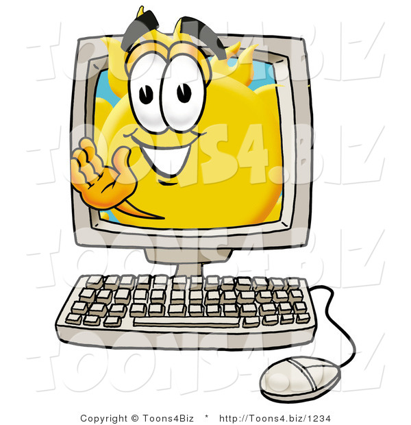 Illustration of a Cartoon Sun Mascot Waving from Inside a Computer Screen