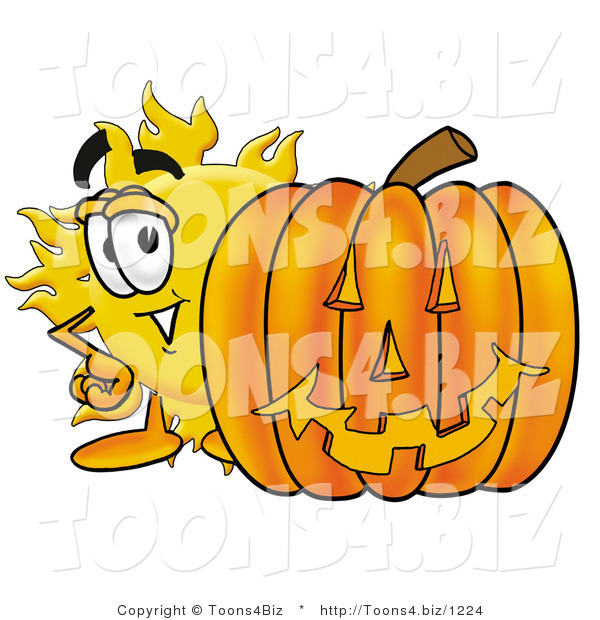 Illustration of a Cartoon Sun Mascot with a Carved Halloween Pumpkin