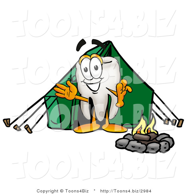 Illustration of a Cartoon Tooth Mascot Camping with a Tent and Fire