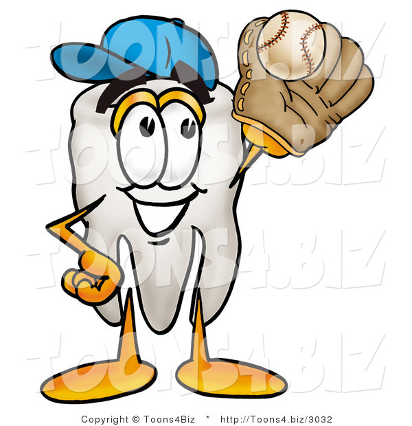 Illustration of a Cartoon Tooth Mascot Catching a Baseball with a Glove