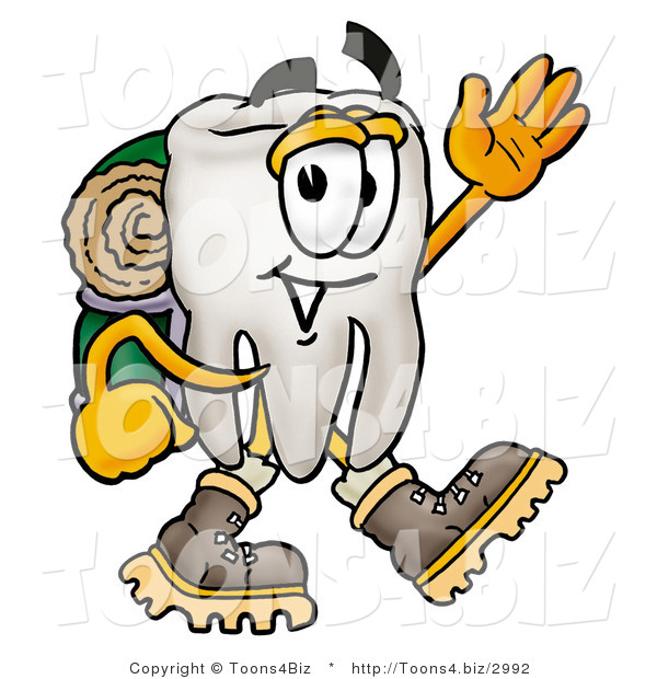 Illustration of a Cartoon Tooth Mascot Hiking and Carrying a Backpack