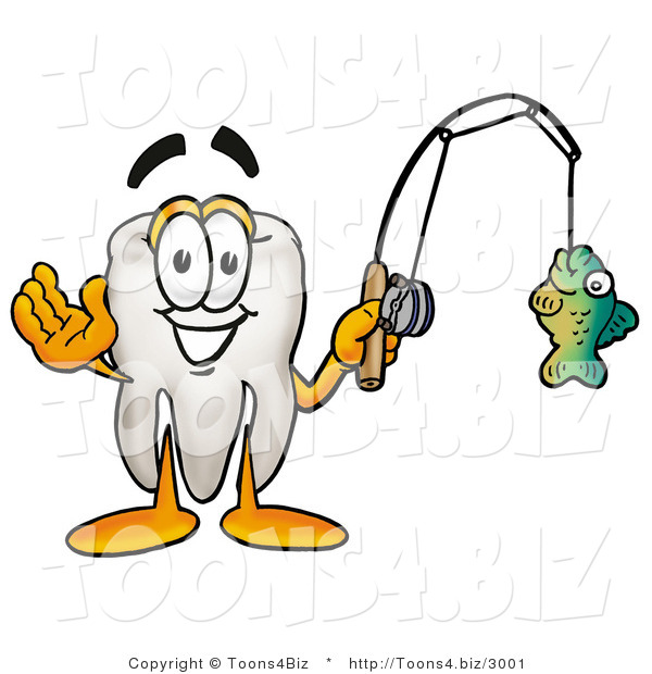 Illustration of a Cartoon Tooth Mascot Holding a Fish on a Fishing Pole