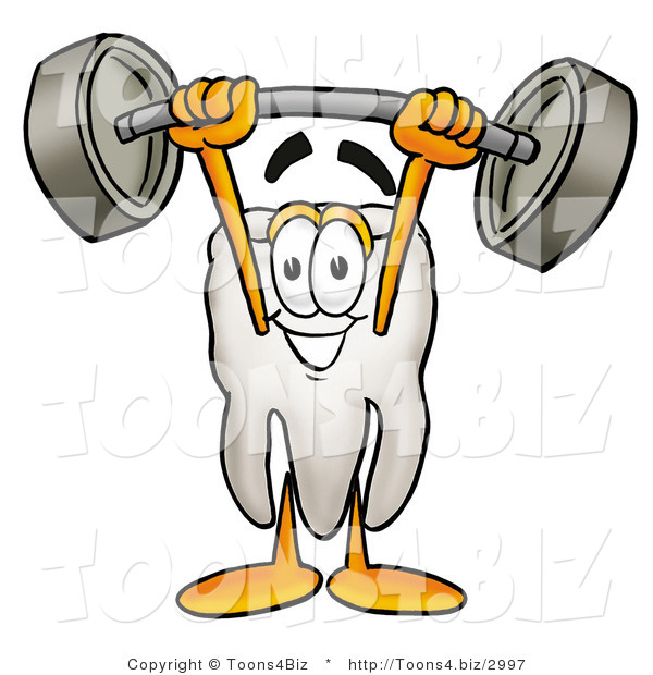 Illustration of a Cartoon Tooth Mascot Holding a Heavy Barbell Above His Head
