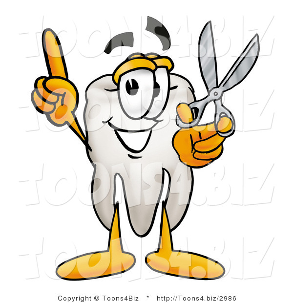 Illustration of a Cartoon Tooth Mascot Holding a Pair of Scissors