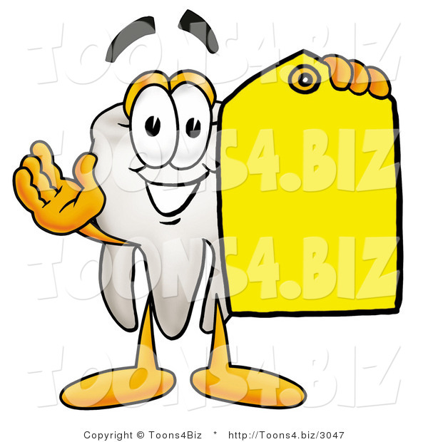 Illustration of a Cartoon Tooth Mascot Holding a Yellow Sales Price Tag