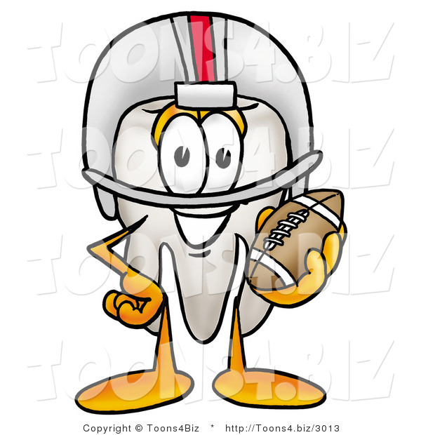 Illustration of a Cartoon Tooth Mascot in a Helmet, Holding a Football