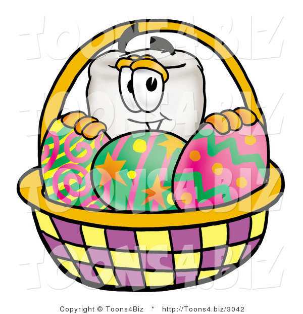 Illustration of a Cartoon Tooth Mascot in an Easter Basket Full of Decorated Easter Eggs