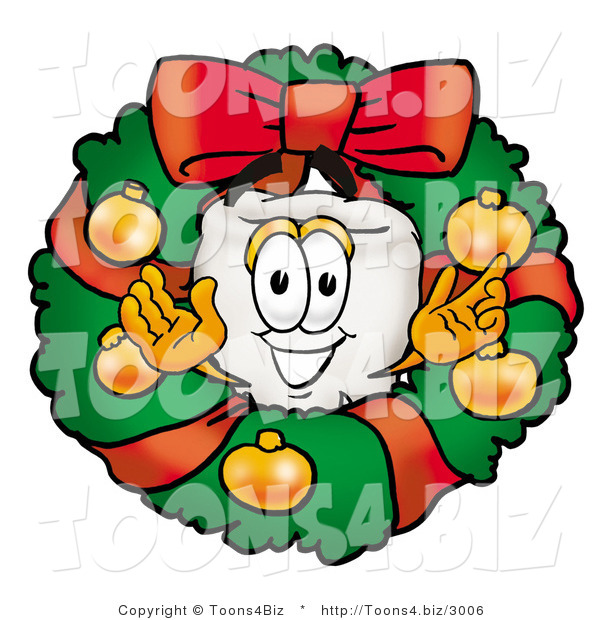 Illustration of a Cartoon Tooth Mascot in the Center of a Christmas Wreath