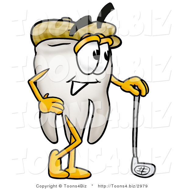 Illustration of a Cartoon Tooth Mascot Leaning on a Golf Club While Golfing