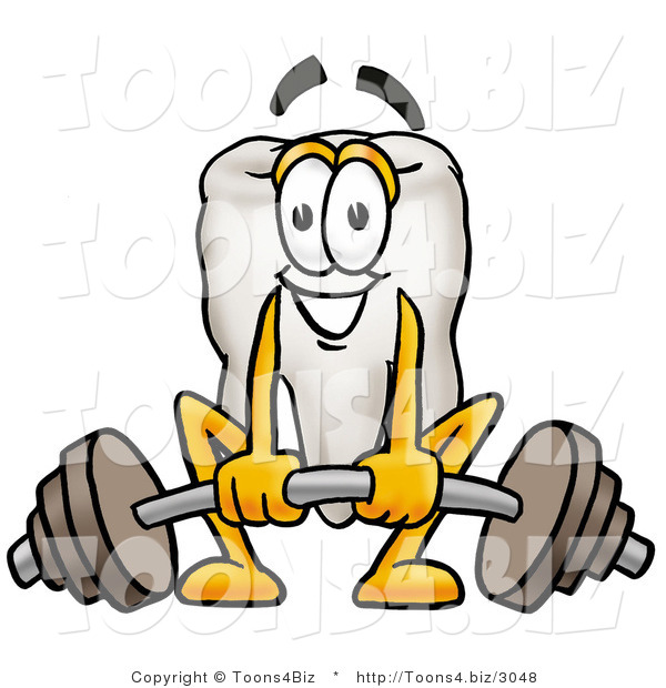 Illustration of a Cartoon Tooth Mascot Lifting a Heavy Barbell