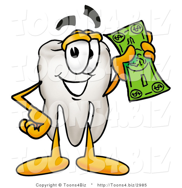 Illustration of a Cartoon Tooth Mascot on a Dollar Bill