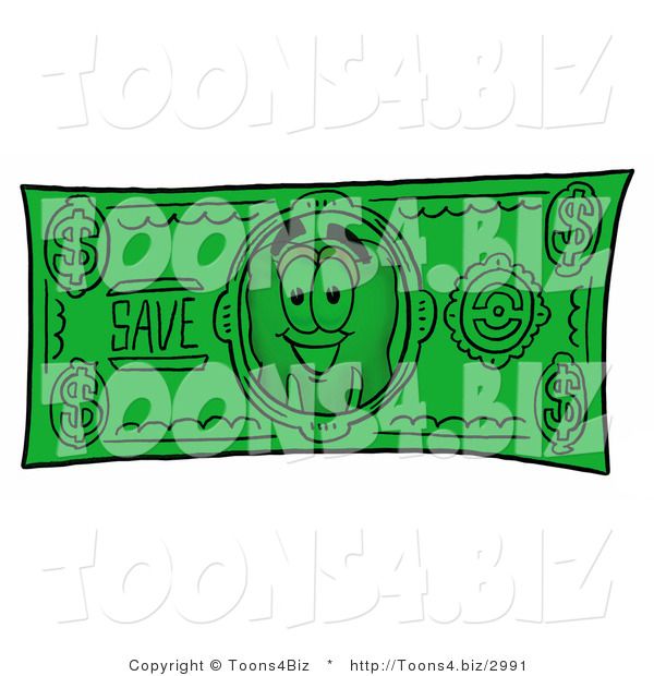 Illustration of a Cartoon Tooth Mascot on a Dollar Bill