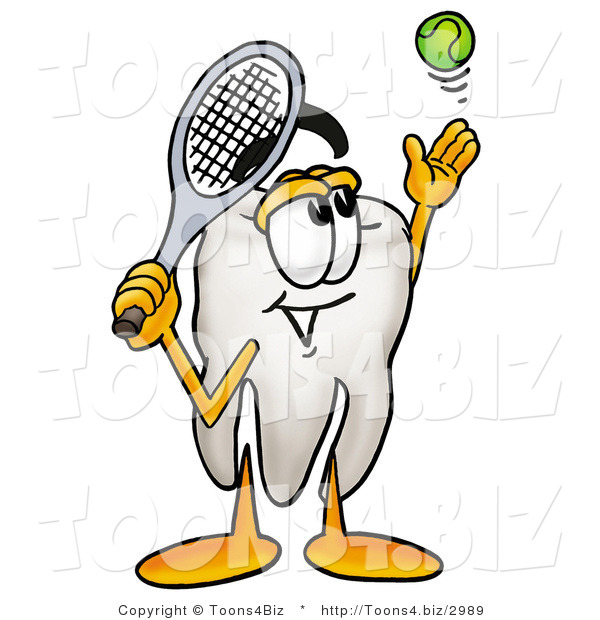 Illustration of a Cartoon Tooth Mascot Preparing to Hit a Tennis Ball