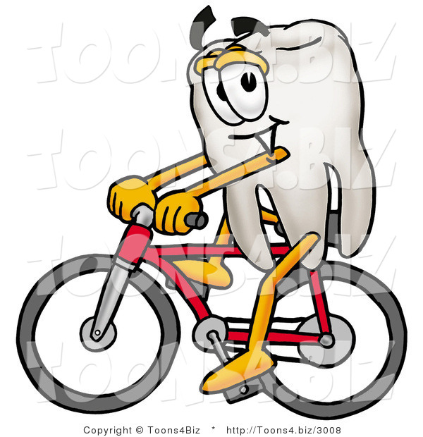 Illustration of a Cartoon Tooth Mascot Riding a Bicycle