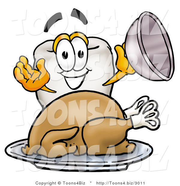 Illustration of a Cartoon Tooth Mascot Serving a Thanksgiving Turkey on a Platter